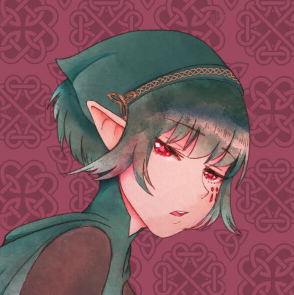 Headshot of Skiyoshi's character, Siofra. Has dark green short hair with dark green hat. Has red shiny eyes and elven ears.